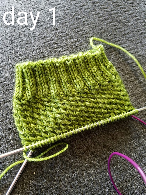 Cuff and part of a green sock with all-over cables and the caption “Day 1”
